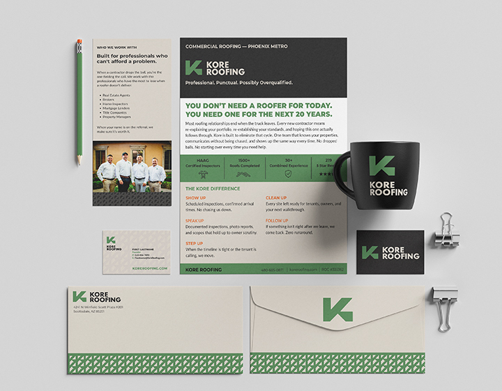 Kore Roofing brand identity system